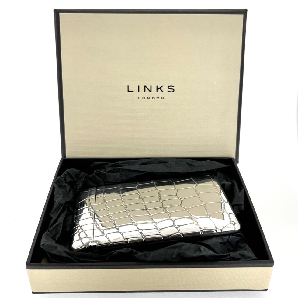 Vintage Links of London crocodile pattern sterling silver card holder in presentation box.