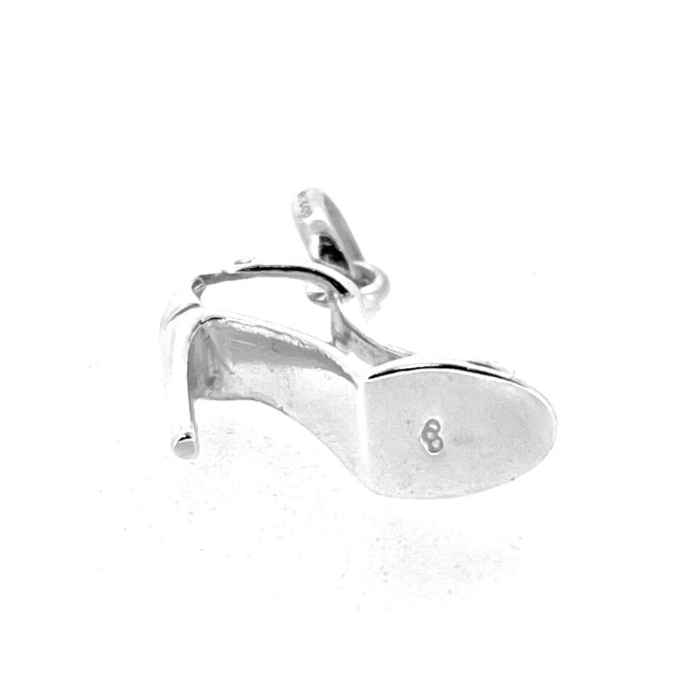 Sterling silver T-Strap shoe charm with three-ring logo engraved on sole