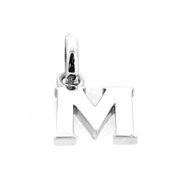 Close-up of sterling silver M initial charm by Links of London.