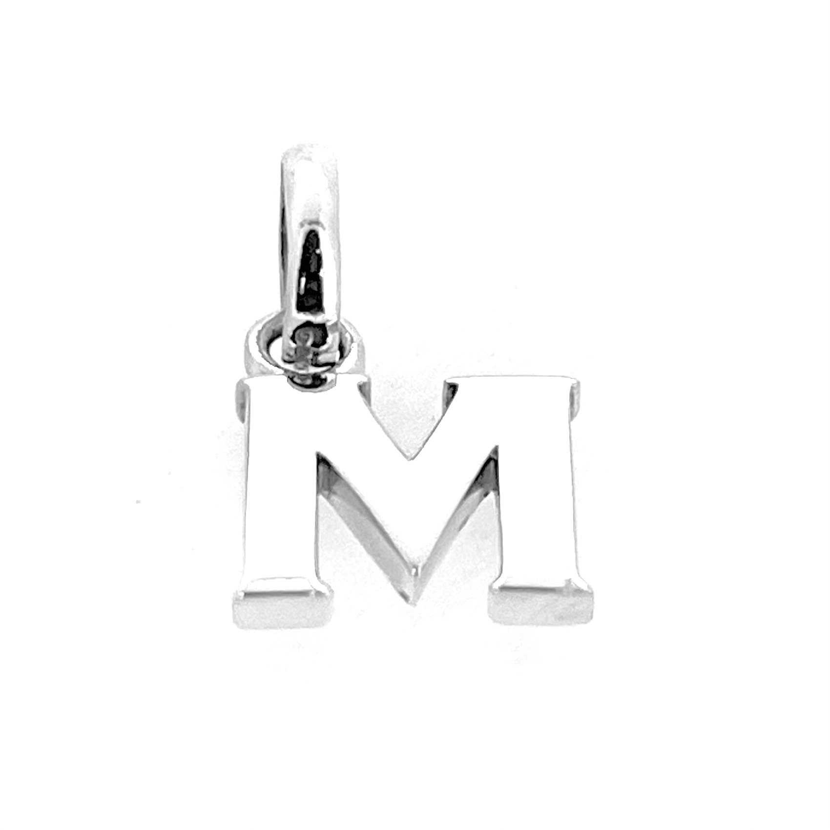 Close-up of sterling silver M initial charm by Links of London.