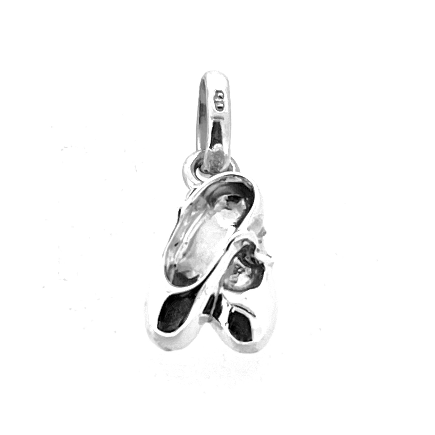 Sterling silver Links of London ballet shoes charm angled view.