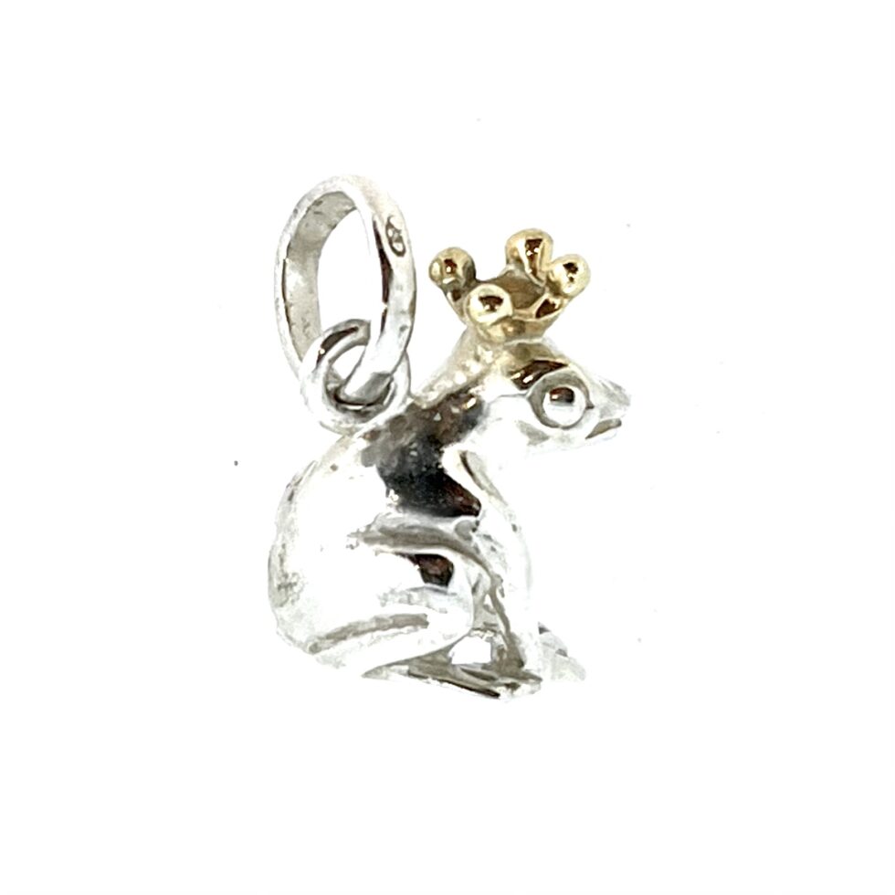 Frog Prince Charm in sterling silver with 18ct vermeil crown angled view