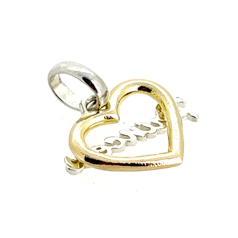 Princess Heart Charm with gold vermeil heart outline and silver script lettering