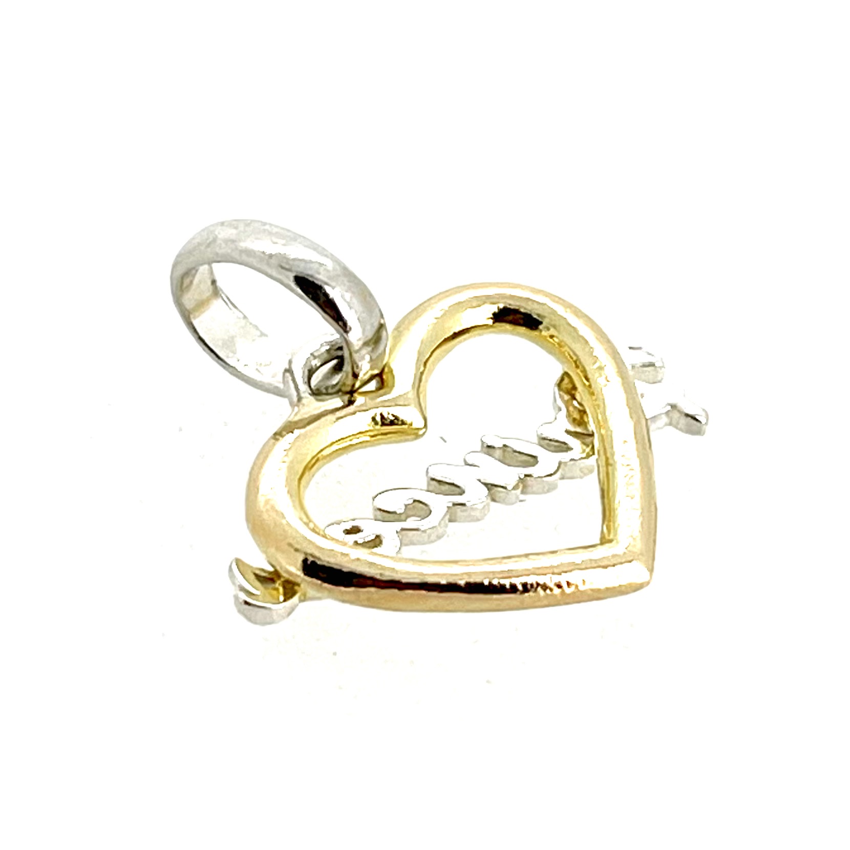 Princess Heart Charm with gold vermeil heart outline and silver script lettering