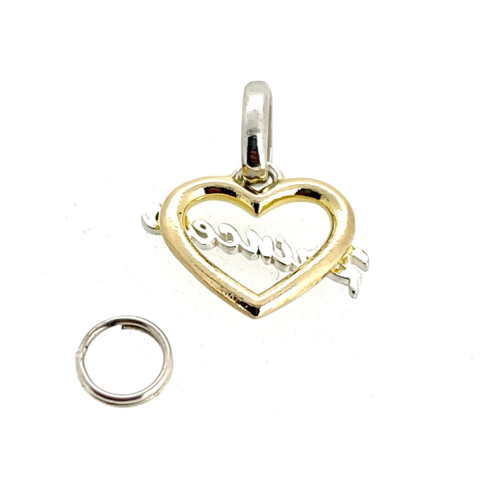 Sterling silver Princess lettering across vermeil heart outline charm