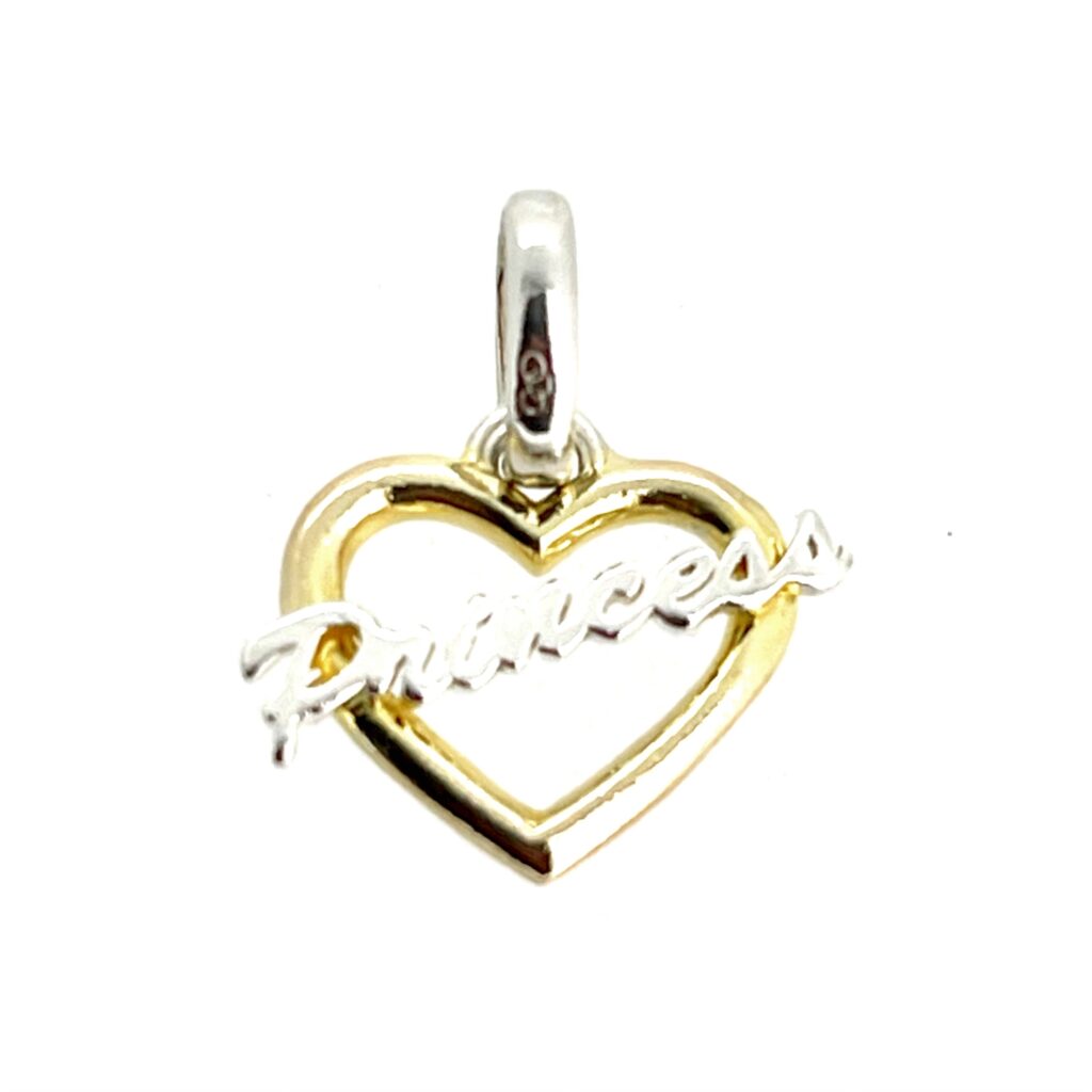 Princess Heart Charm with silver bail and gold vermeil detail