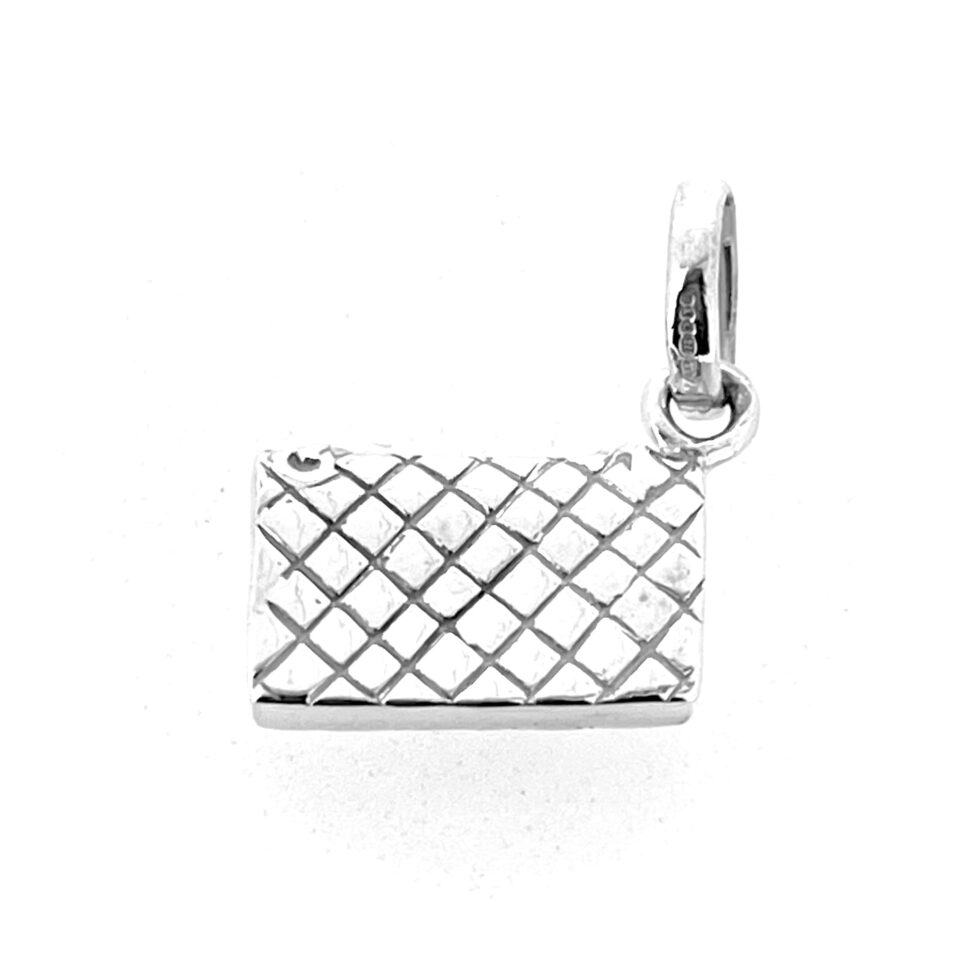 Back view of quilted flap bag charm with diamond pattern