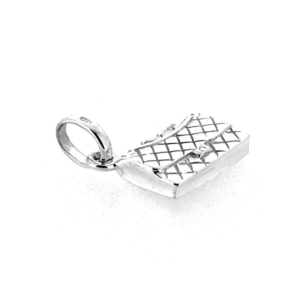 Side angle of Links of London sterling silver quilted flap bag charm