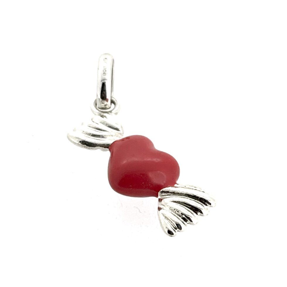 Close-up of silver and red enamel wrapped Sweetheart Charm.