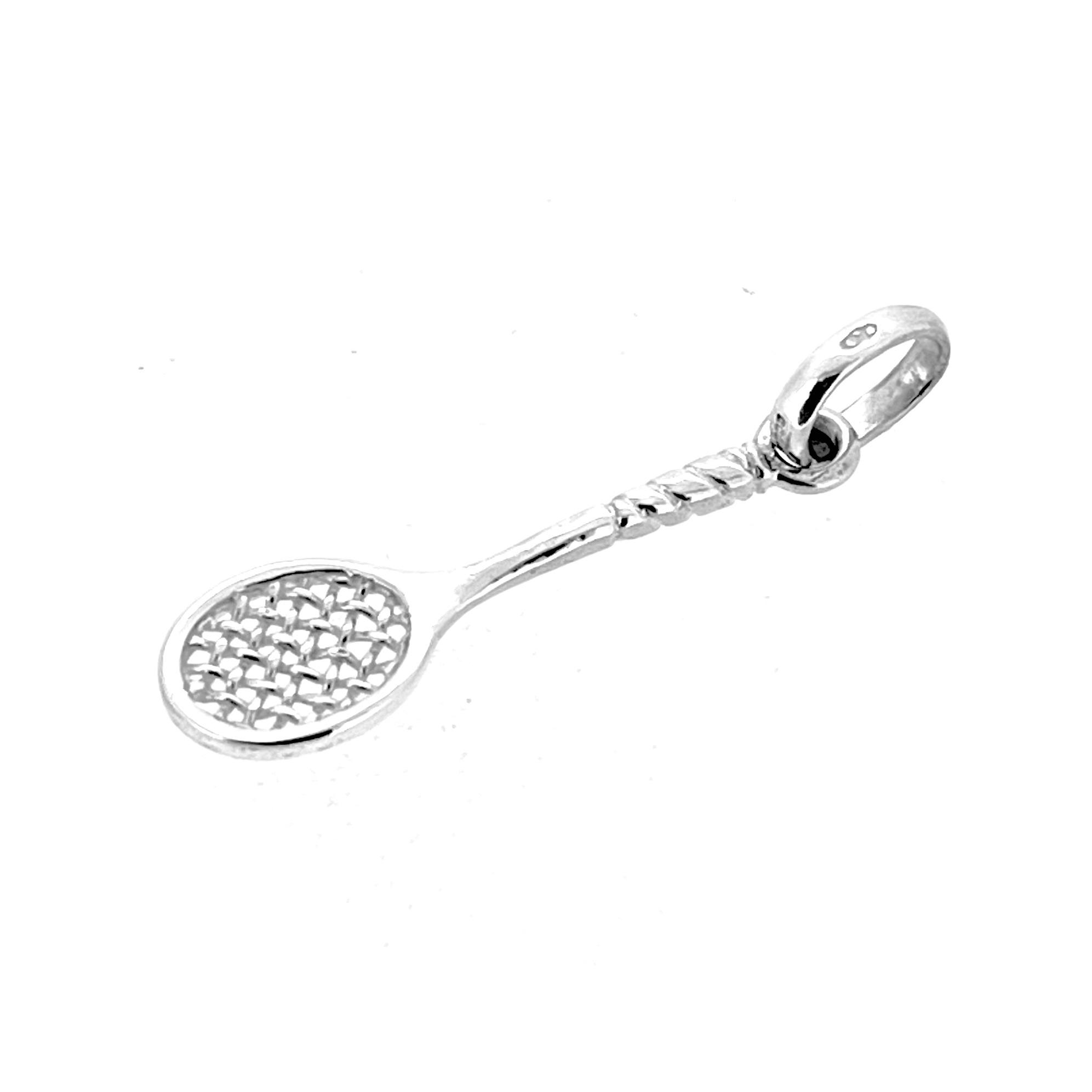 Vintage silver tennis racket charm photographed against white background