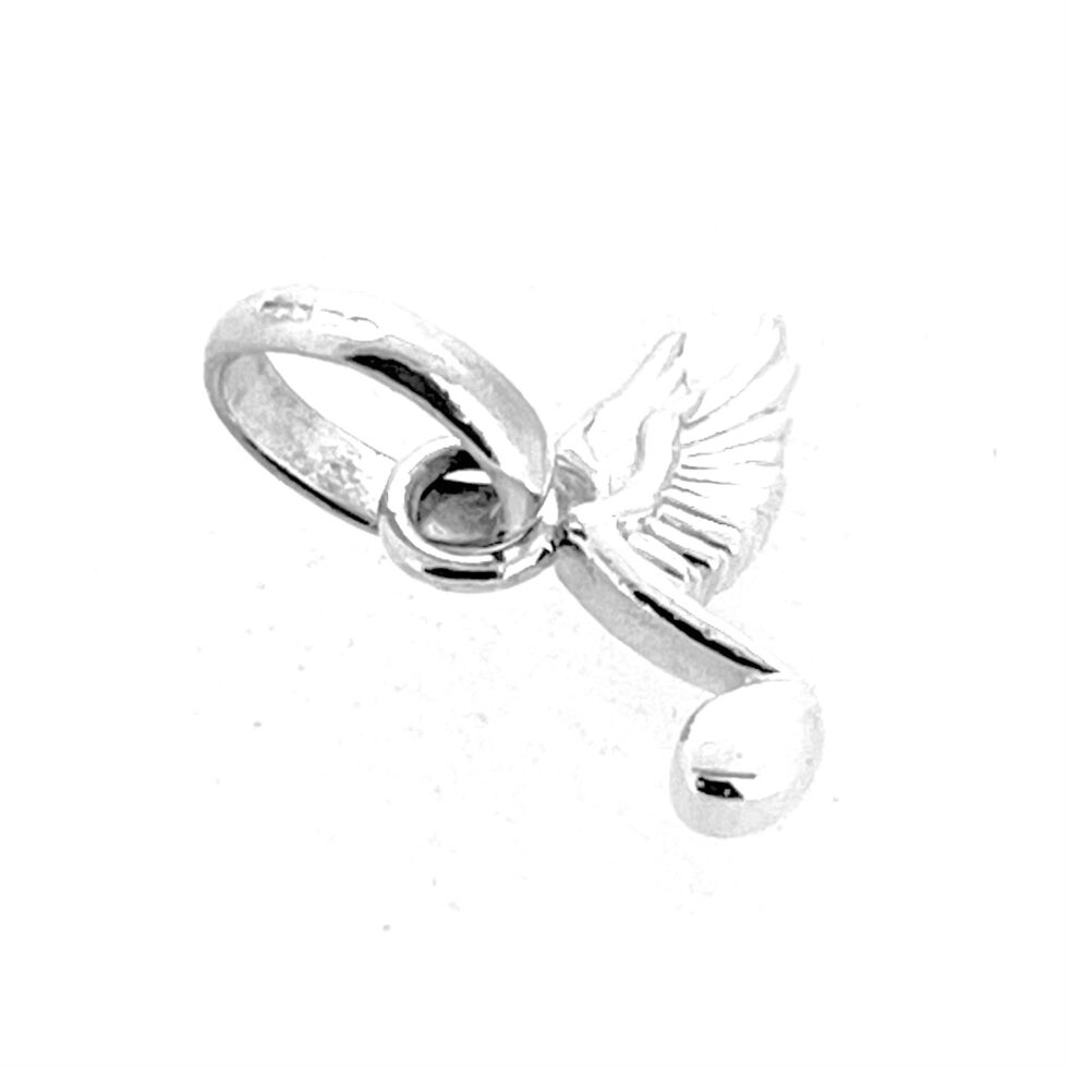 Vintage music charm with symbolic wing detail.