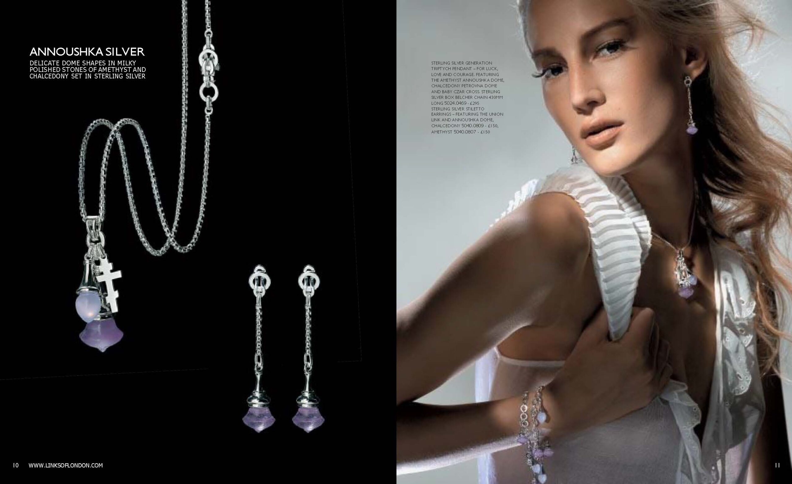 Autumn 2005 Links of London catalogue spread. Page 10 shows the Annoushka Silver collection with amethyst and chalcedony domes in sterling silver — a triptych pendant with cross and matching stiletto earrings. Page 11 shows a model wearing the pendant, earrings and bracelets in a styled editorial image.
