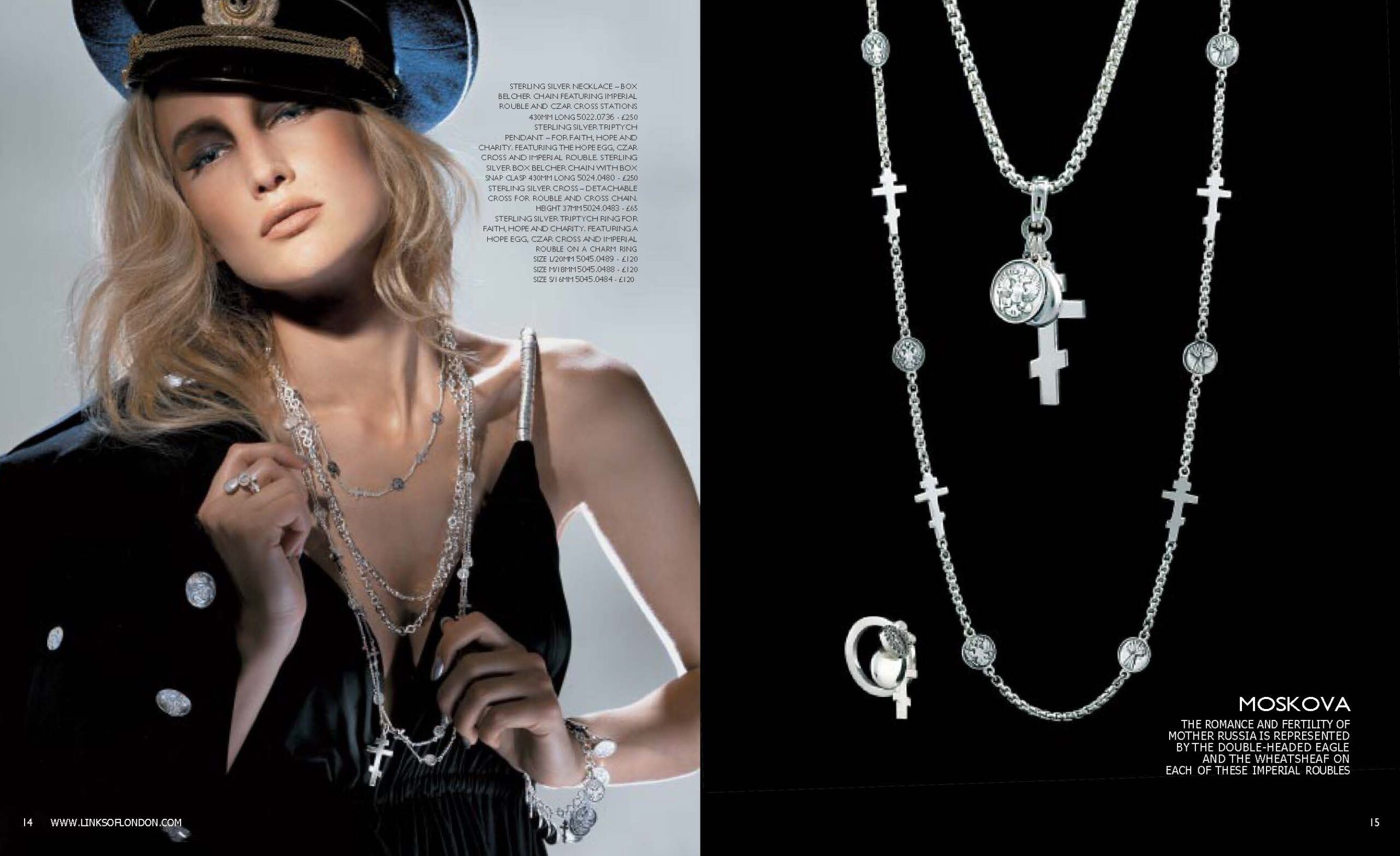 Autumn 2005 Links of London catalogue spread. Page 14 shows a model wearing layered silver necklaces and bracelets with cross and coin motifs from the Moskova collection. Page 15 shows a close-up of the Moskova necklace with Czar Cross stations and Imperial Rouble charms on a belcher chain.
