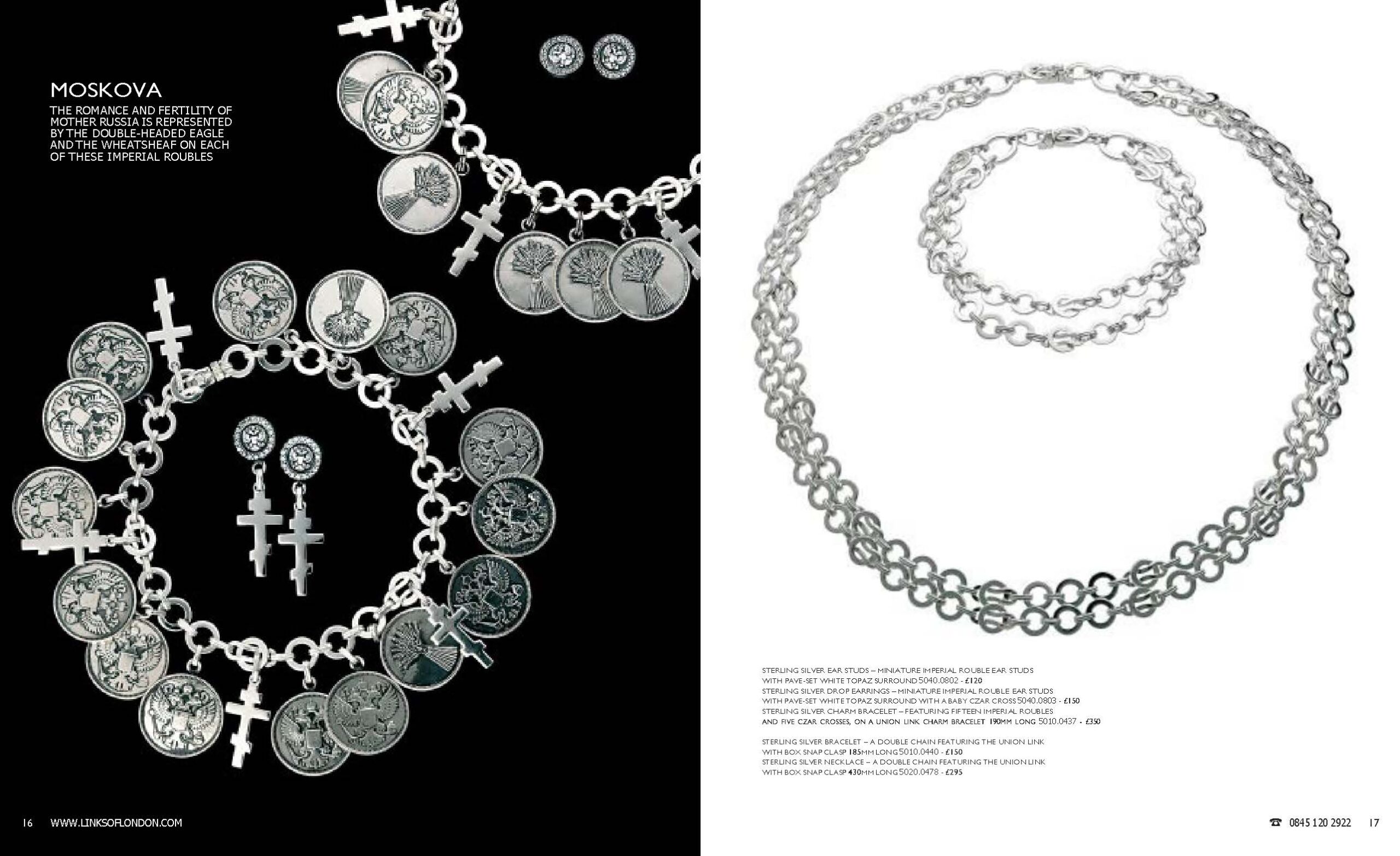 utumn 2005 Links of London catalogue spread. Page 16 shows necklaces, earrings, and bracelets with Imperial Rouble charms and Czar Cross motifs in sterling silver. Page 17 shows Union Link double chain bracelet and necklace displayed against a white background.