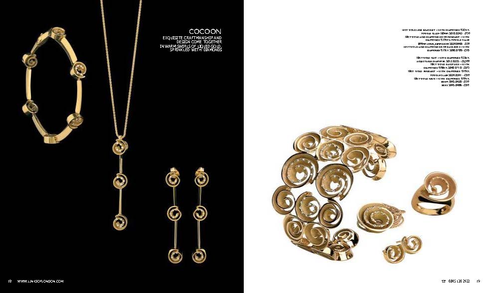 Autumn 2005 Links of London catalogue spread. Page 18 shows Cocoon collection jewellery in 18ct gold: pendant, earrings, and bracelet with circular spiral motifs. Page 19 shows bold Cocoon statement pieces including wide cuff bracelet, cocktail ring, and spiral earrings.