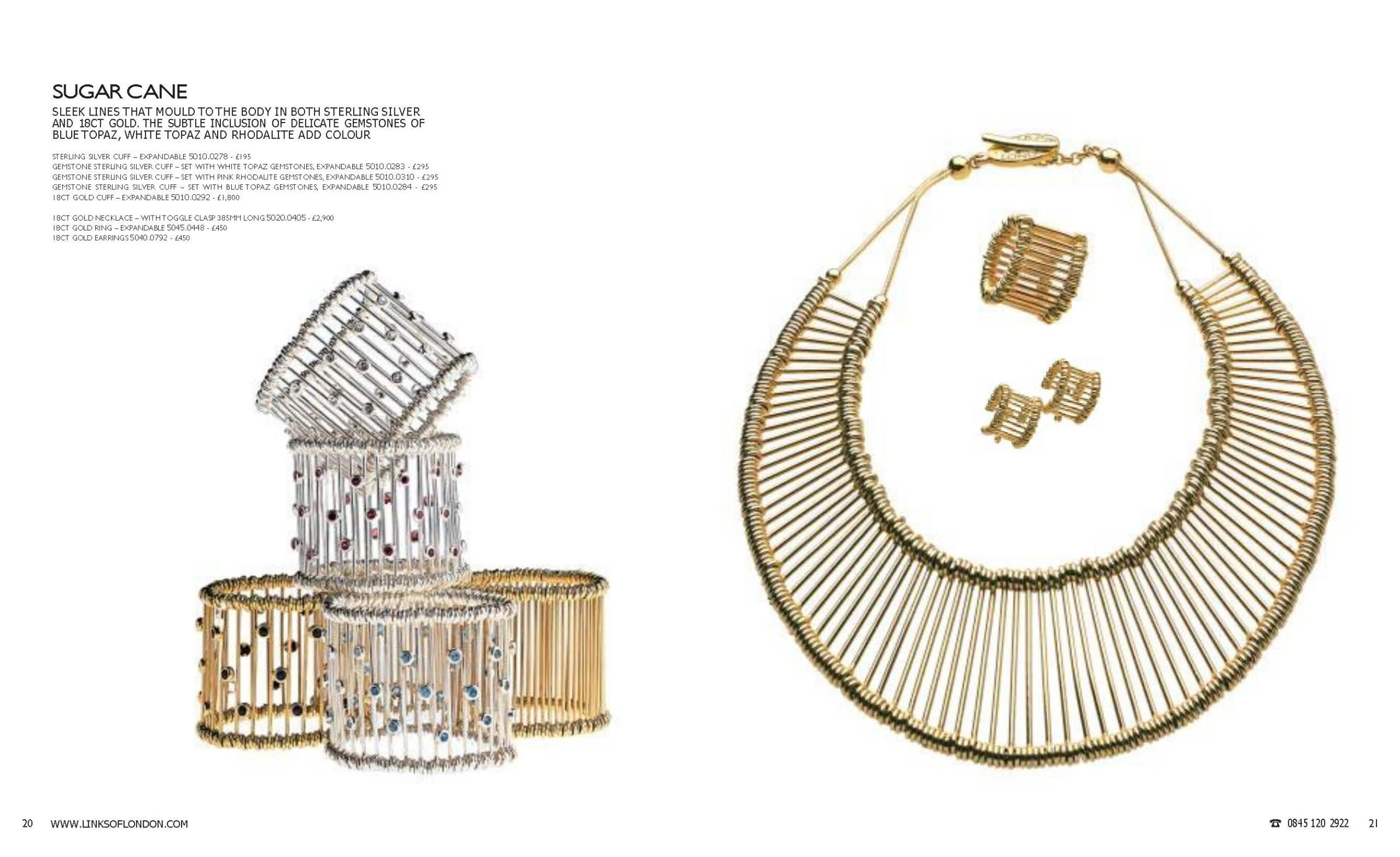 Autumn 2005 Links of London catalogue spread. Page 20 shows sterling silver and gold Sugar Cane cuffs with gemstone accents in blue topaz, white topaz and rhodalite. Page 21 displays an 18ct gold Sugar Cane collar necklace with matching cuffs, ring, and earrings.