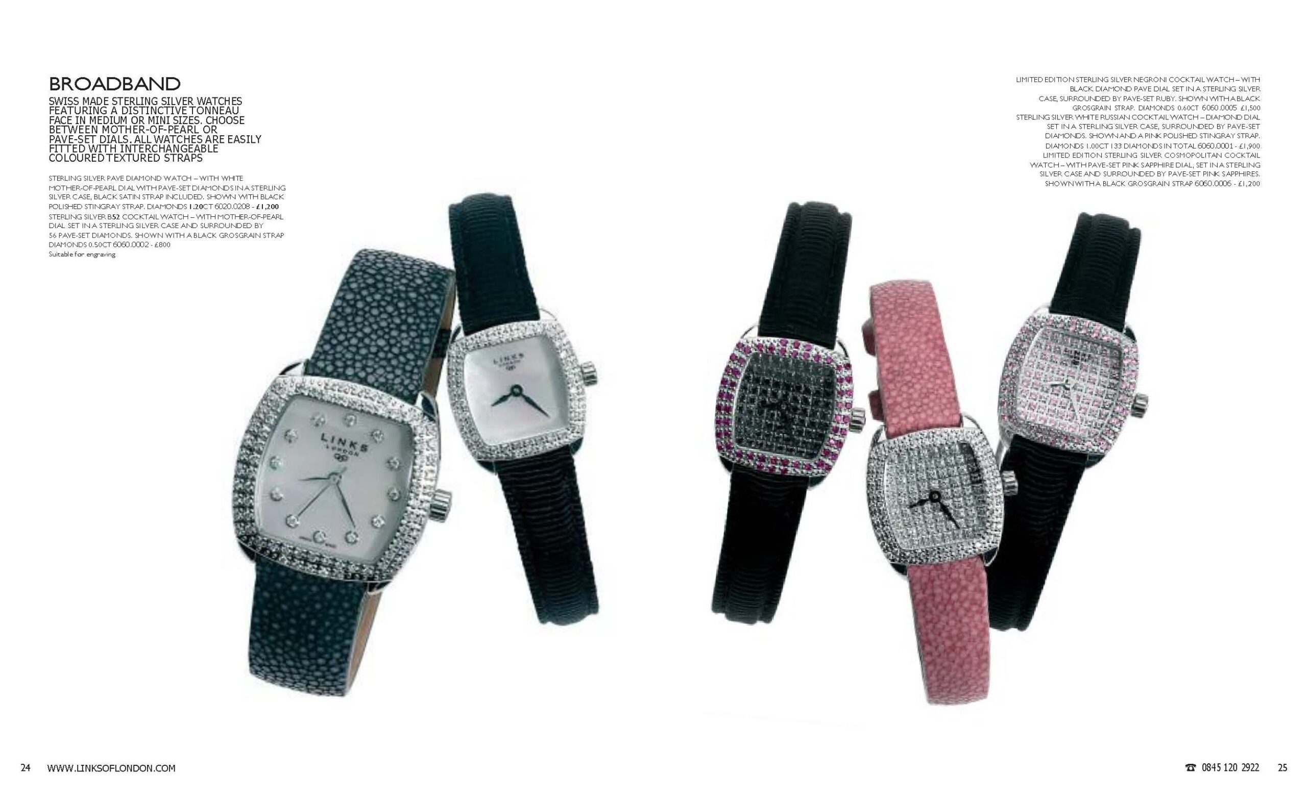 Autumn 2005 Links of London catalogue spread. Pages 24–25 show the Broadband watch collection — sterling silver tonneau-shaped watches with diamond, sapphire, and ruby pavé dials, displayed with interchangeable stingray and grosgrain straps in black and pink.