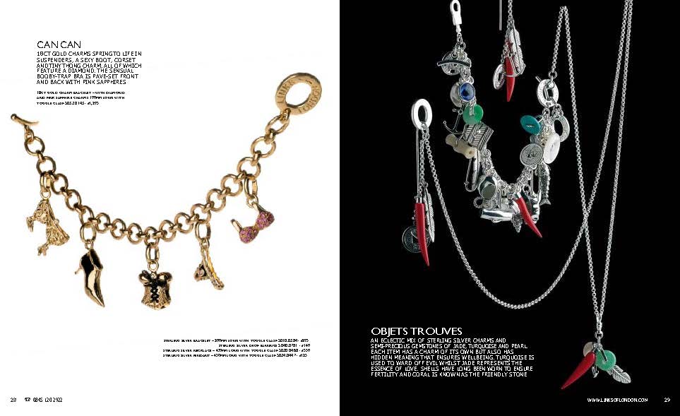 Autumn 2005 Links of London catalogue spread. Pages 28–29 feature the Can Can bracelet in 18ct gold with playful cabaret-inspired charms, and the Objets Trouvés sterling silver necklaces with eclectic charms of coral, jade, turquoise, pearl, and symbolic motifs.