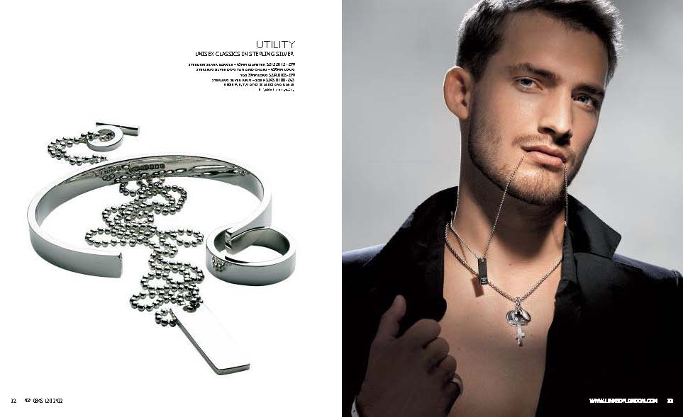 Left page: Sterling silver torque bangle, polished ring, dog tag pendant, and cross pendant displayed on a reflective surface, part of the Links of London Utility collection. Right page: Male model wearing layered sterling silver Utility jewellery including dog tag pendant, cross pendant, and ball chain necklace styled with an open shirt.
