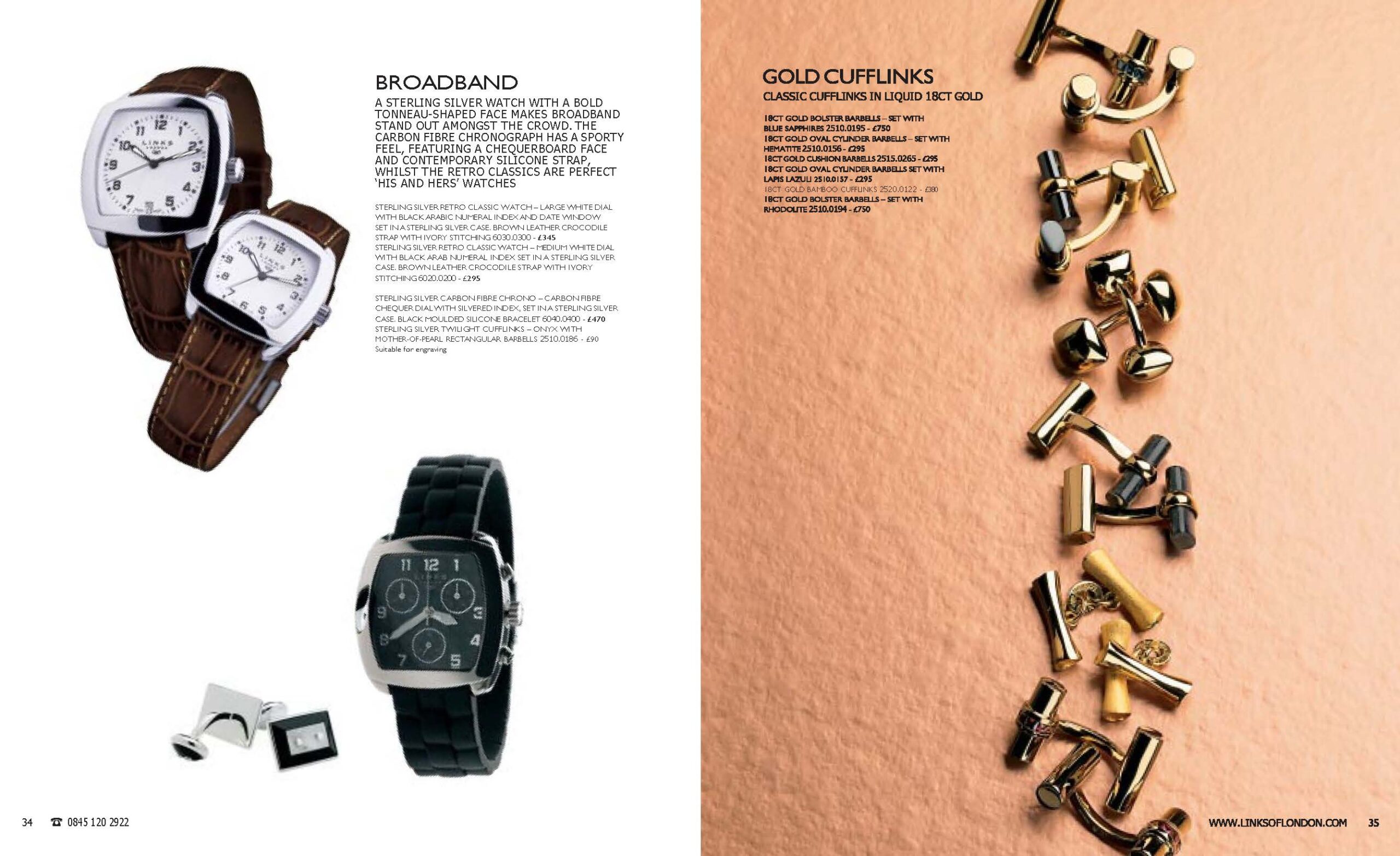 Autumn 2005 Links of London catalogue spread. Pages 34–35 show sterling silver Broadband watches with tonneau cases, leather and silicone straps, and diamond or carbon fibre details, alongside 18ct gold cufflinks in bolster, cushion, and cylindrical barbell designs.