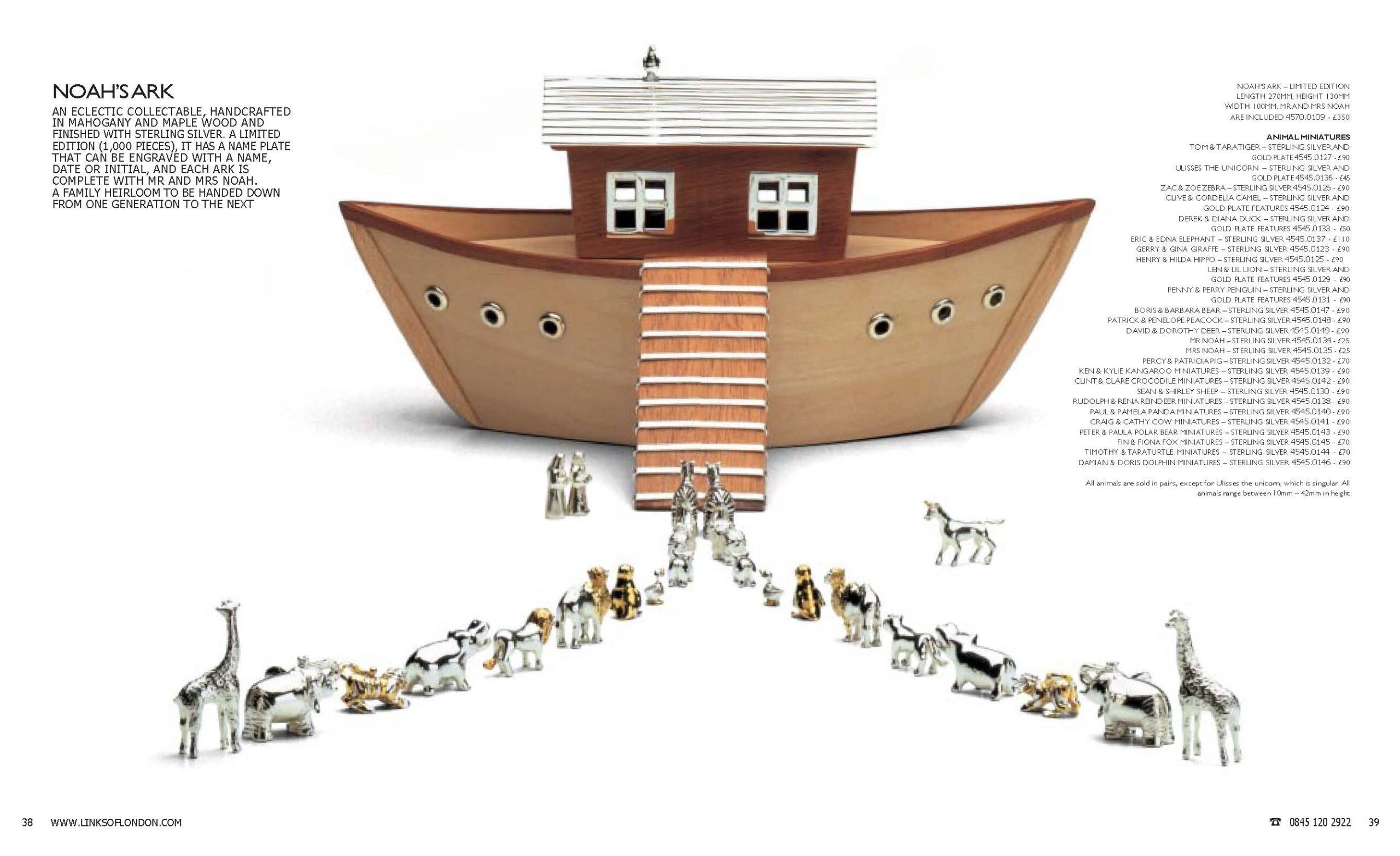 Autumn 2005 Links of London catalogue spread. Pages 38–39 display the limited-edition Noah’s Ark in mahogany and maple wood with sterling silver detailing, accompanied by rows of sterling silver and gold-detailed miniature animals including giraffes, elephants, zebras, and bears.