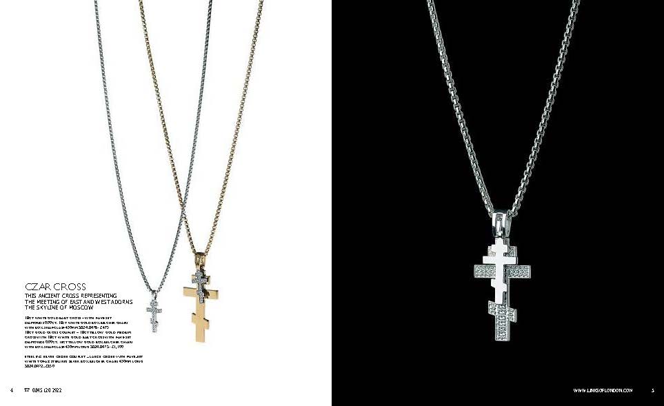 Links of London Autumn 2005 catalogue spread. Page 4 shows three CZAR CROSS necklaces with printed copy “This ancient cross representing the meeting of East and West adorns the skyline of Moscow,” and lists: 18ct white gold baby cross pavé diamonds 0.09ct on 430mm box belcher chain (5024.0476 £475) and 18ct gold cross couplet pairing an 18ct yellow gold medium cross with an 18ct white gold baby cross pavé 0.09ct on 430mm box belcher chain (5024.0475 £1,100). Page 5 is a full-bleed hero image of the pavé diamond Czar Cross on a white-gold chain.