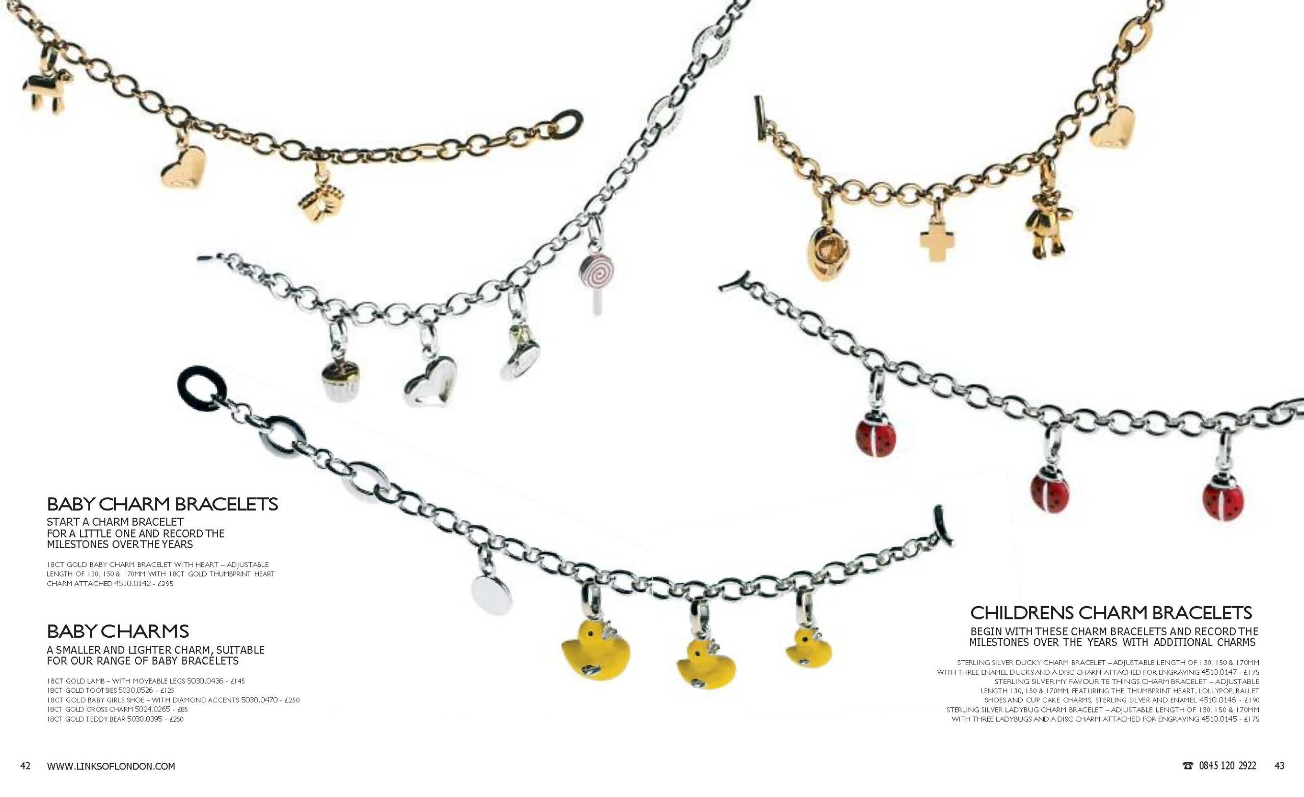 Autumn 2005 Links of London catalogue spread. Pages 42–43 show Baby and Children’s Charm Bracelets in sterling silver and 18ct gold, featuring charms such as hearts, ducks, ladybirds, teddy bears, and shoes, some with enamel or diamond accents.