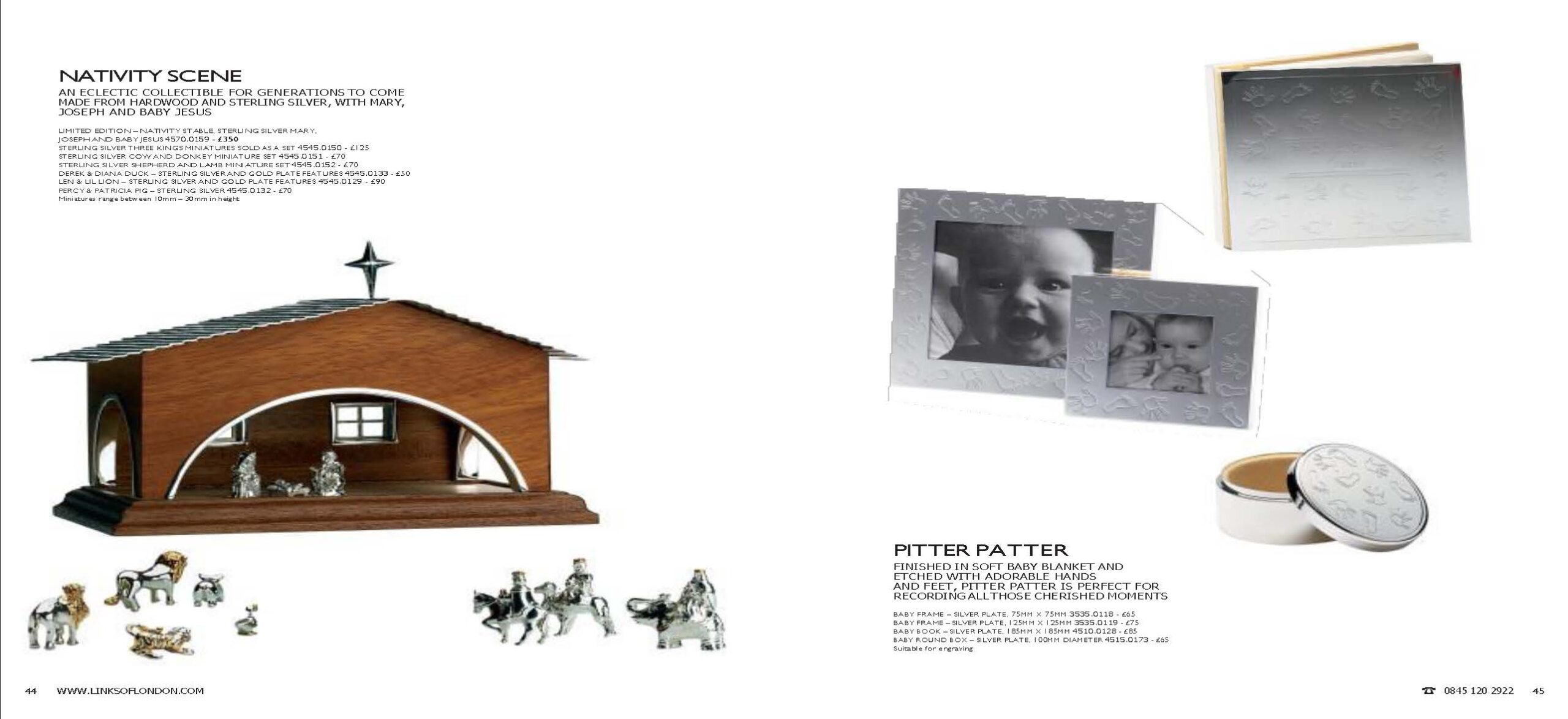 Autumn 2005 Links of London catalogue spread. Pages 44–45 show the Nativity Scene set with sterling silver miniatures of biblical figures and animals, alongside the Pitter Patter baby range of silver-plated frames, books, and keepsake boxes etched with hand and foot motifs.