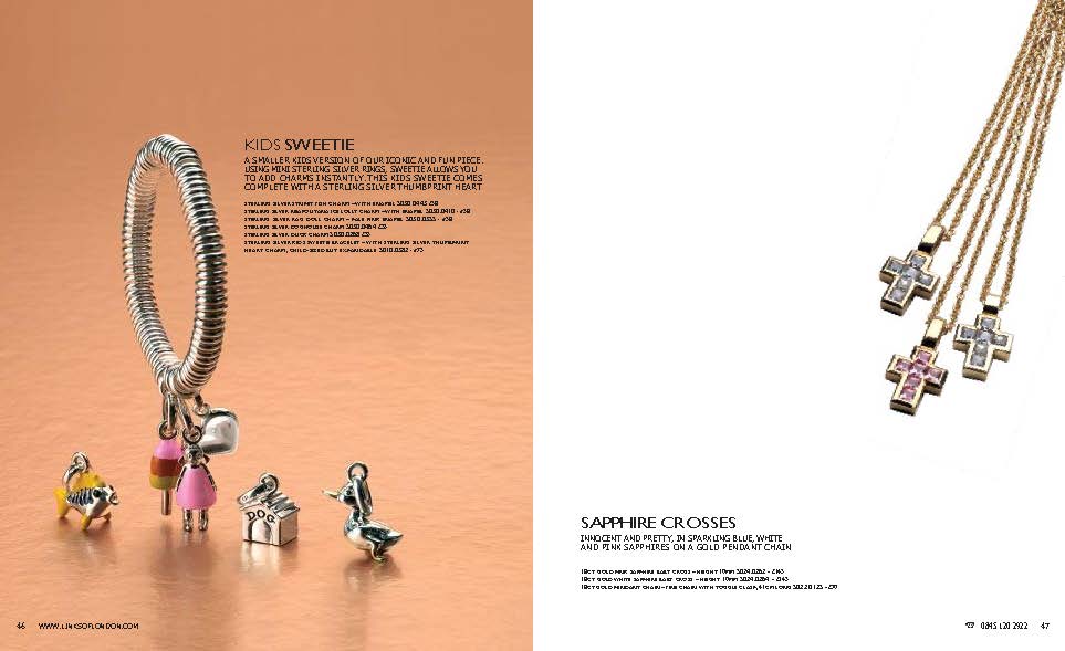 Autumn 2005 Links of London catalogue spread. Pages 46–47 show the Kids Sweetie bracelet with miniature charms including a girl, duck, fish, and house, alongside 18ct gold sapphire cross pendants set with blue, white, and pink sapphires.