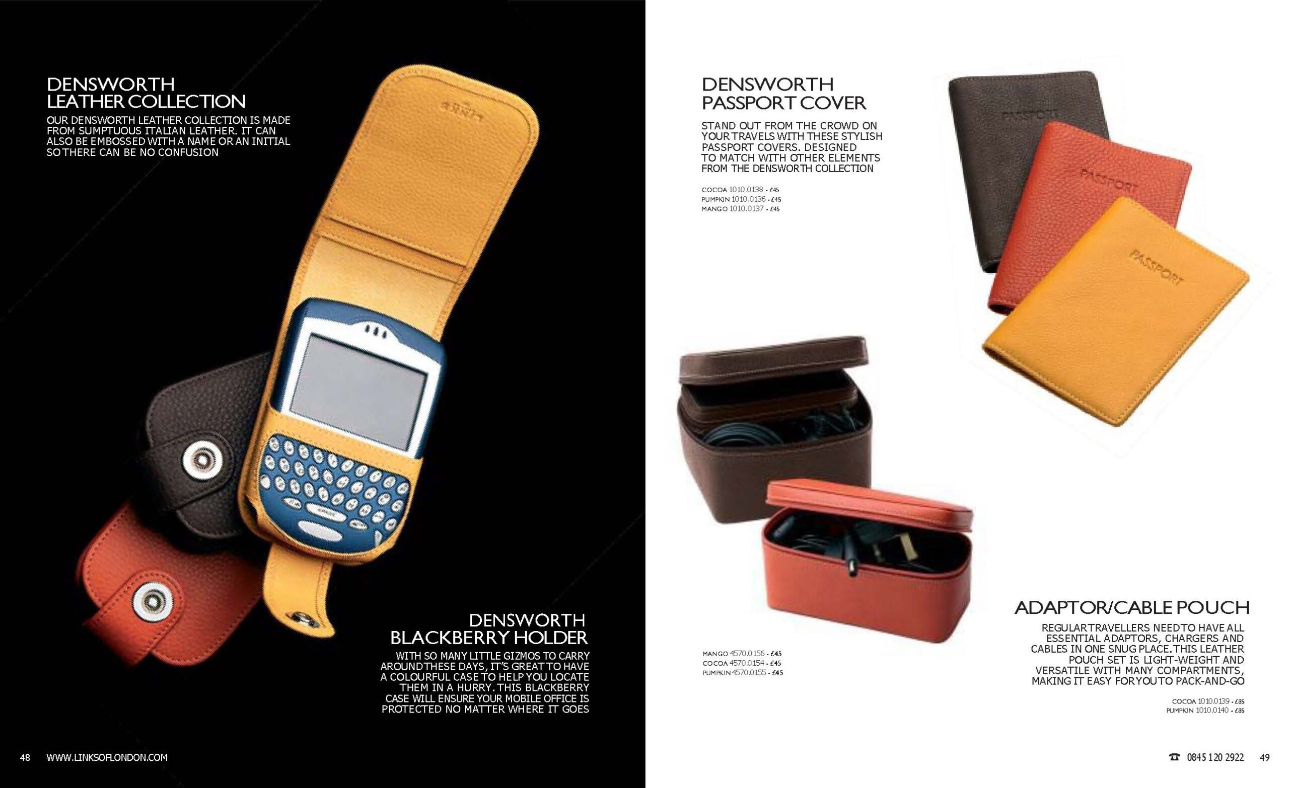 Autumn 2005 Links of London catalogue spread. Pages 48–49 show the Densworth Leather Collection, including Blackberry holders, passport covers, and adaptor/cable pouches in bold Italian leather colours such as Mango, Cocoa, and Pumpkin.