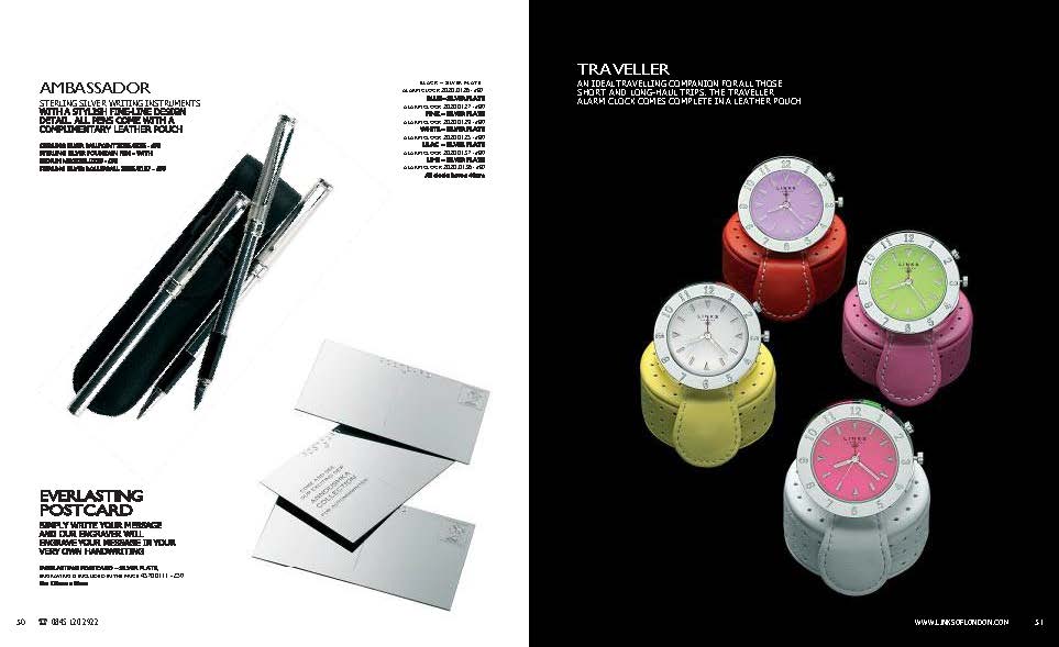 Autumn 2005 Links of London catalogue spread. Pages 50–51 show sterling silver Ambassador writing instruments with leather pouches, the witty Everlasting Postcard in silver, and colourful Traveller alarm clocks in stitched leather cases in red, pink, yellow, green, and white.