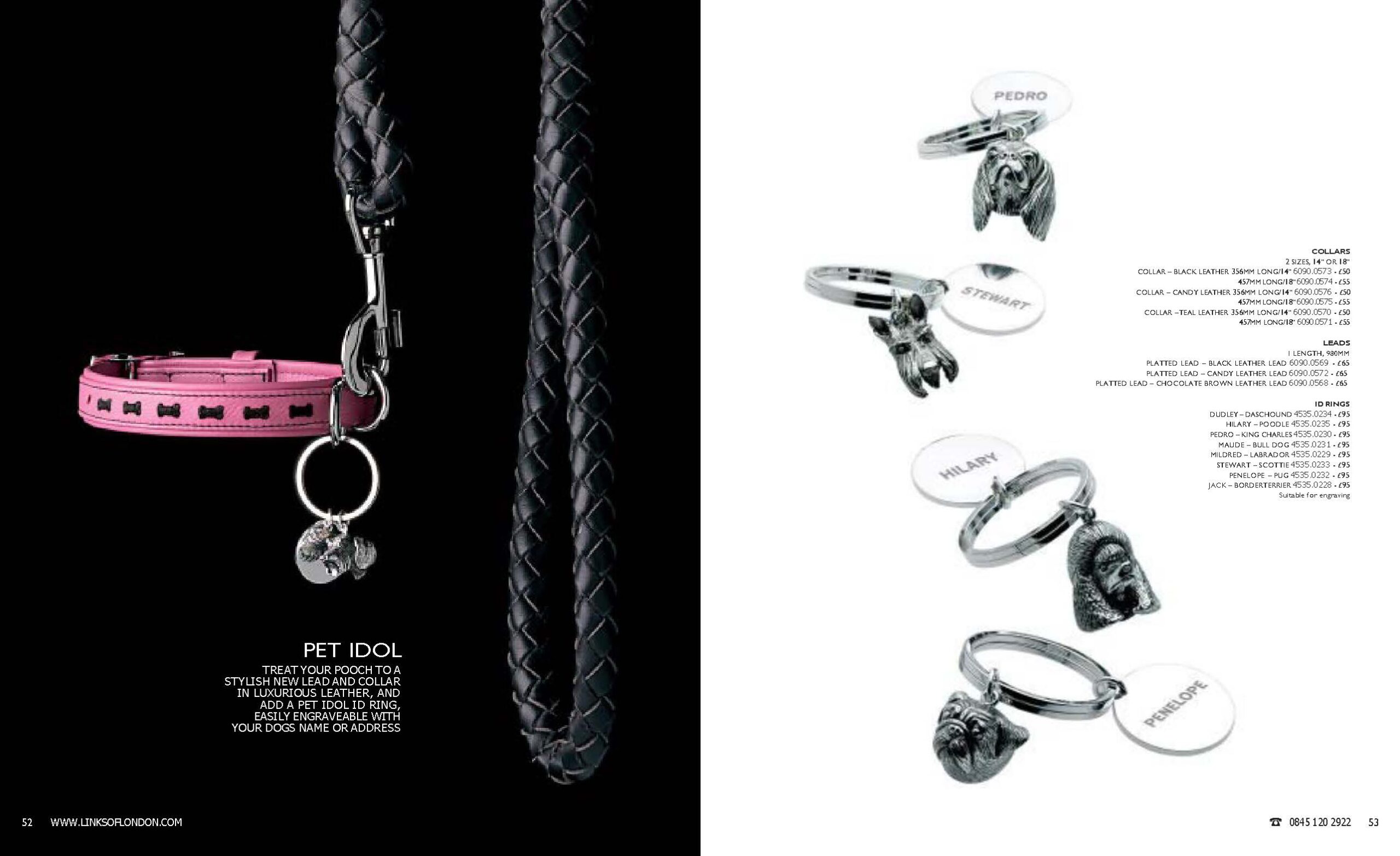 Autumn 2005 Links of London catalogue spread. Pages 52–53 show the Pet Idol collection with leather dog collars, plaited leather leads, and sterling silver ID rings featuring dog breeds such as Dachshund, Poodle, King Charles Spaniel, Bulldog, Labrador, Scottie, Pug, and Border Terrier, each paired with an engravable disc.