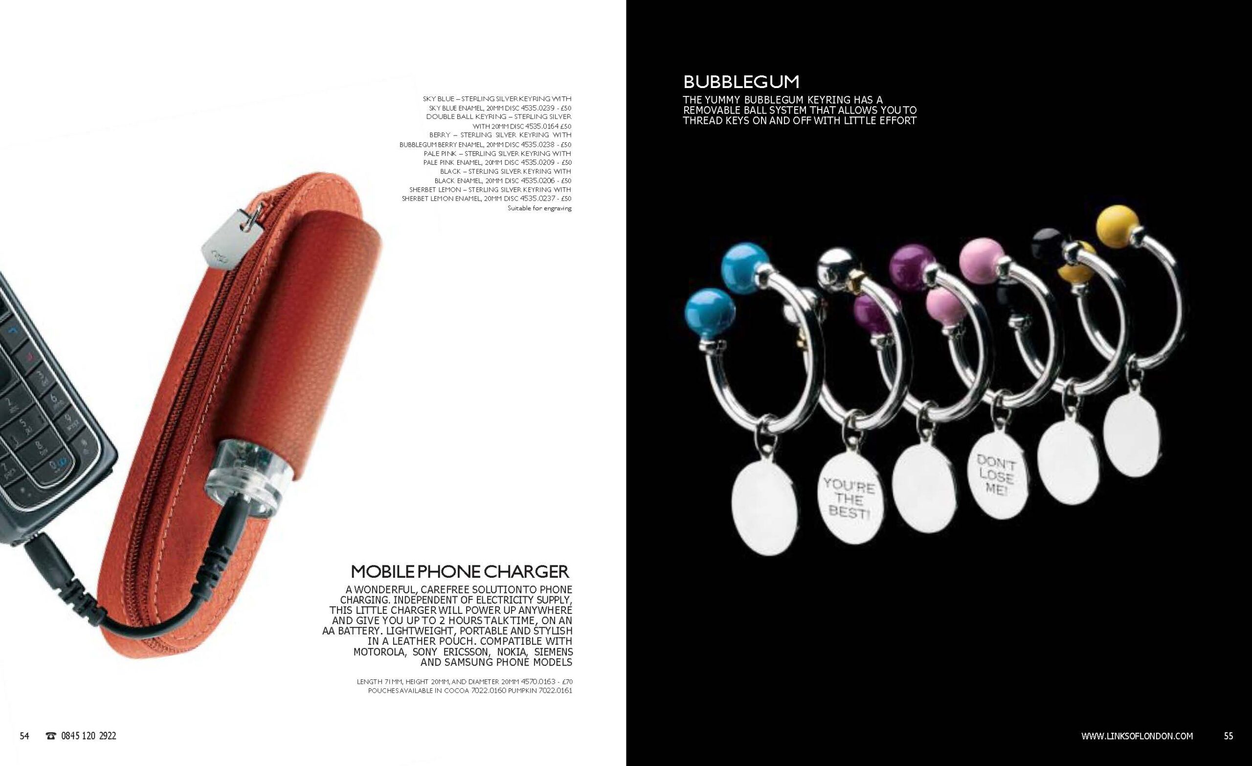 Autumn 2005 Links of London catalogue spread. Pages 54–55 feature a leather-pouched portable mobile phone charger alongside a series of sterling silver Bubblegum Keyrings with brightly coloured enamel tops and engravable discs with witty inscriptions.