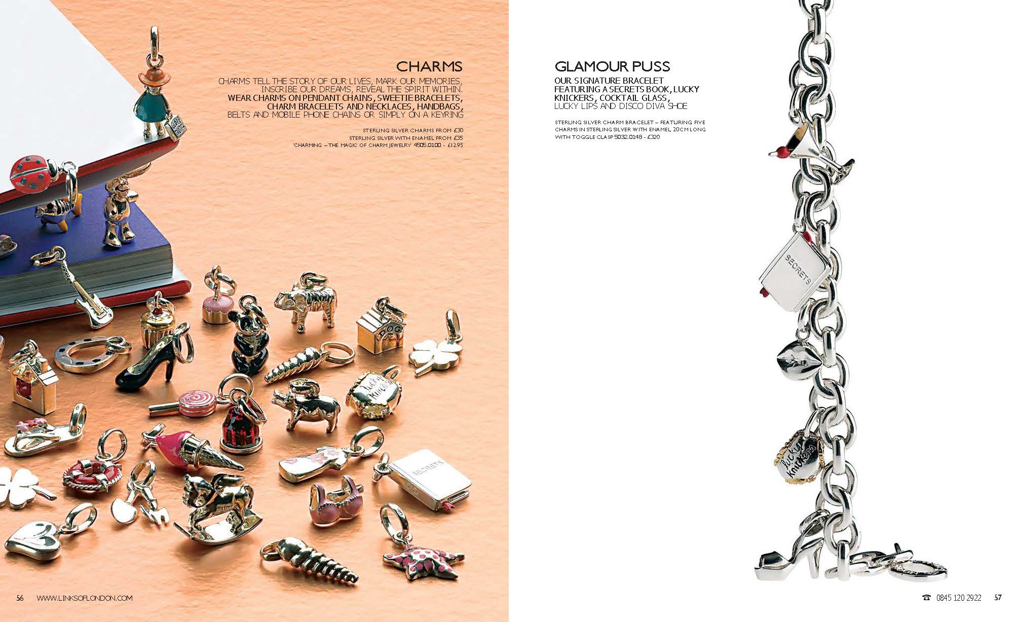 Autumn 2005 Links of London catalogue spread. Pages 56–57 show a large selection of silver and enamel charms including animals, shoes, hearts, and novelty motifs, alongside the signature Glamour Puss bracelet featuring five charms: Secrets Book, Lucky Knickers, Cocktail Glass, Lucky Lips, and Disco Diva Shoe.