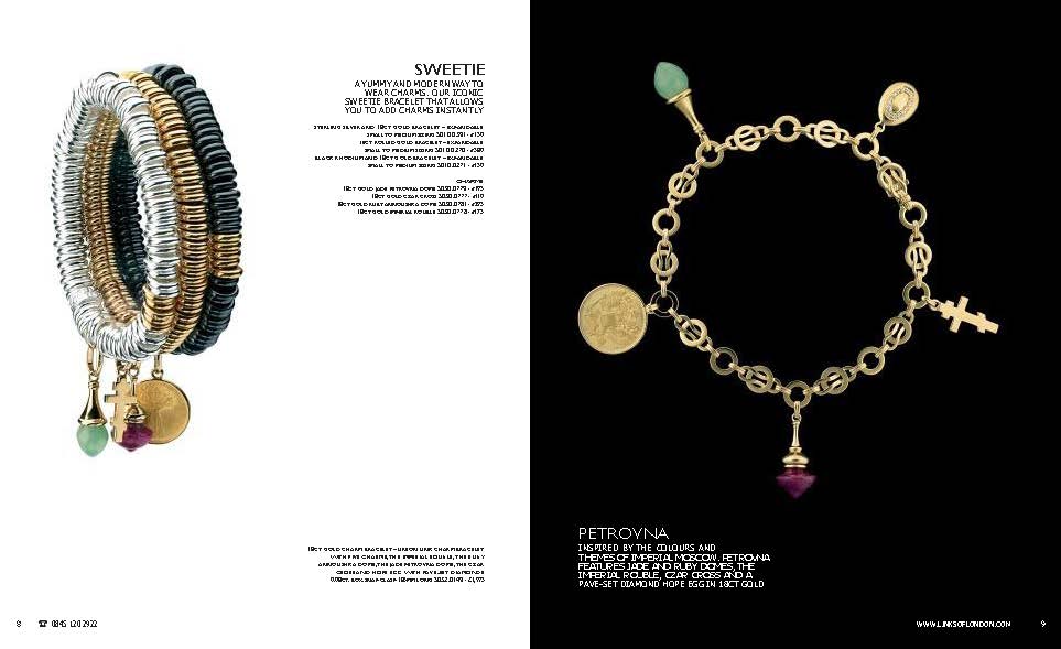 Autumn 2005 Links of London catalogue spread. Page 8 shows stacked Sweetie bracelets with a product list and prices; Page 9 shows the Petrovna Union Link charm bracelet with five charms — Imperial Rouble, Ruby dome, Jade dome, Czar Cross and pavé diamond Hope Egg — in 18ct gold.