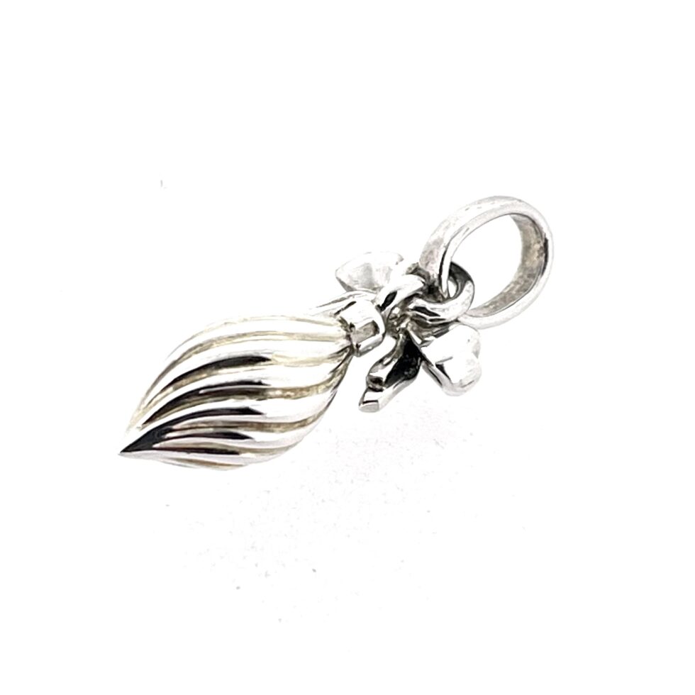 Sterling silver bow holding festive bauble charm.