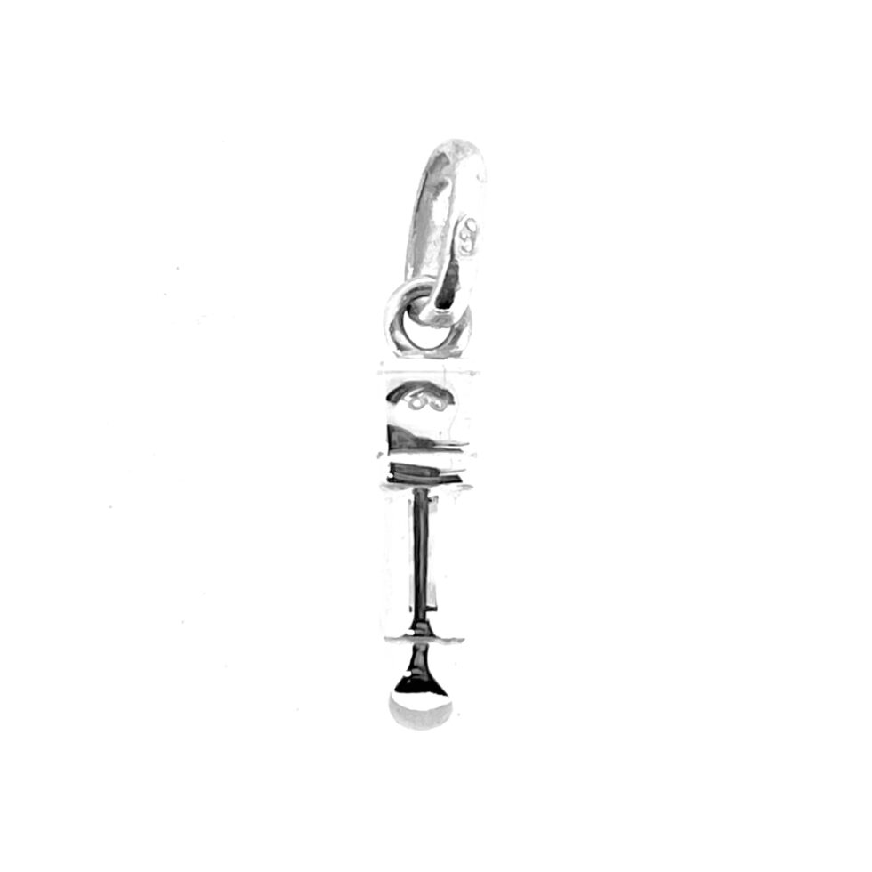 Silver lipstick charm angled on white background