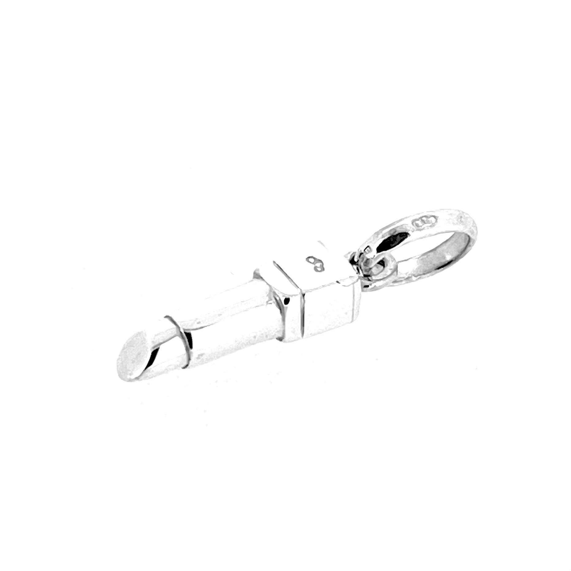 Side view of silver lipstick charm with polished finish
