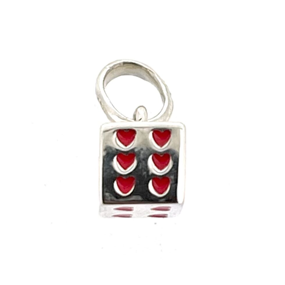 Small cube charm with red hearts in place of numbers