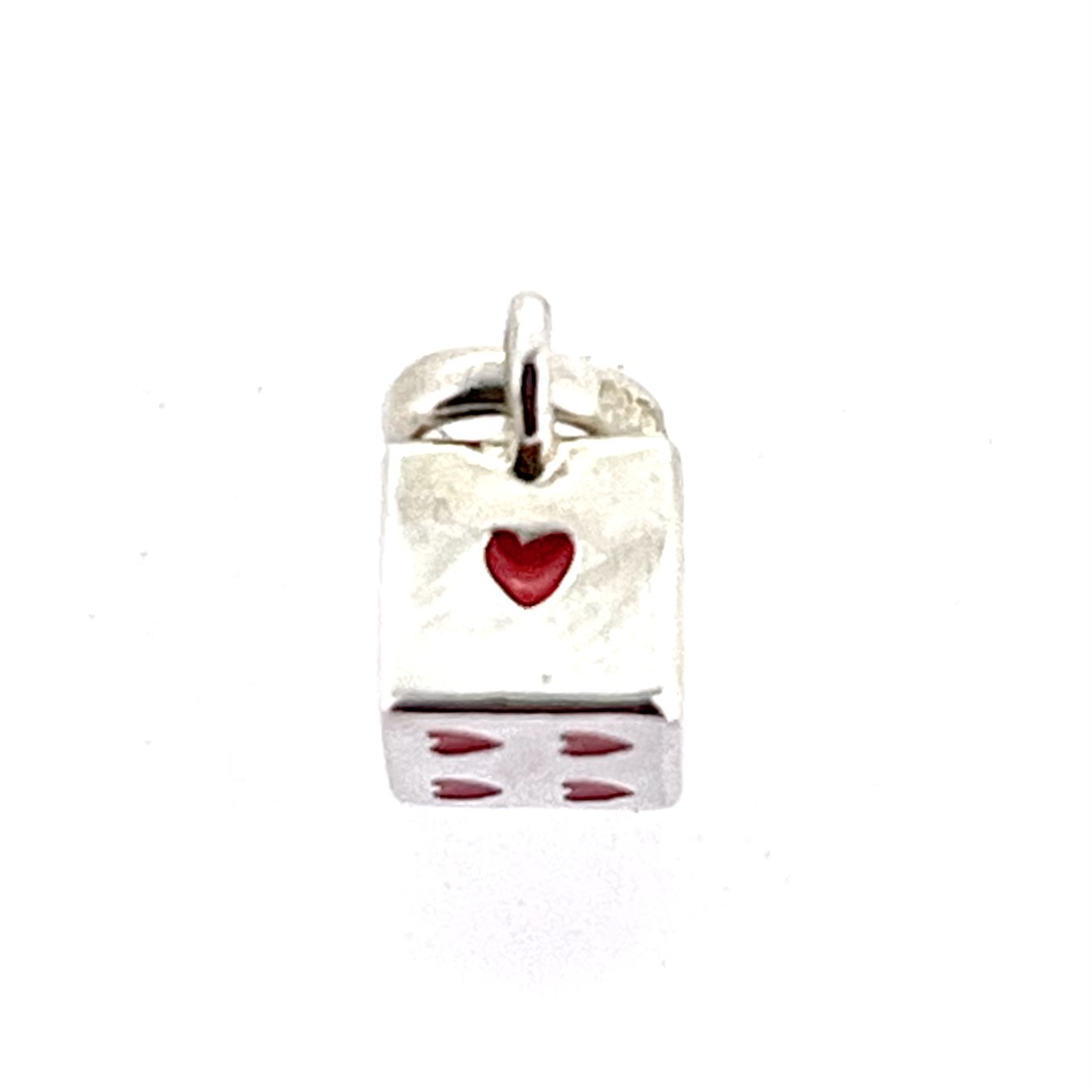 Sterling silver dice charm with red enamel hearts