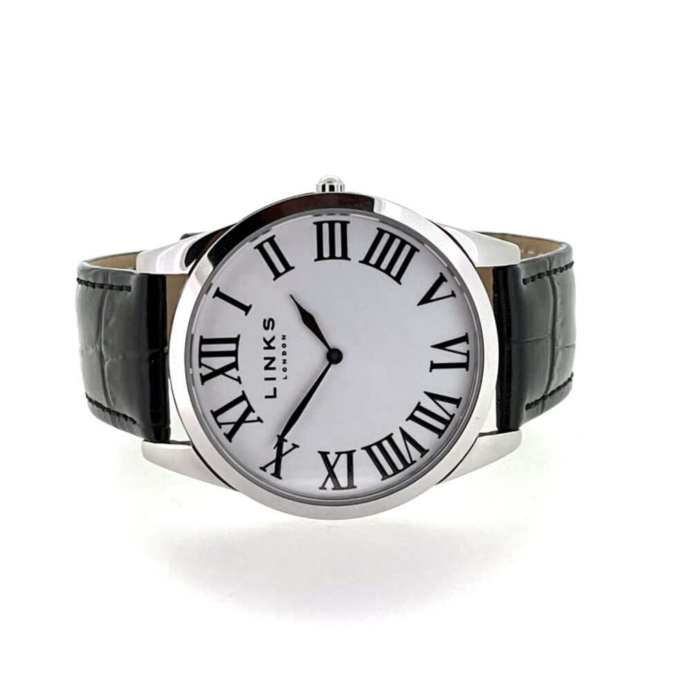 Close-up of Links of London logo beneath 12 o’clock