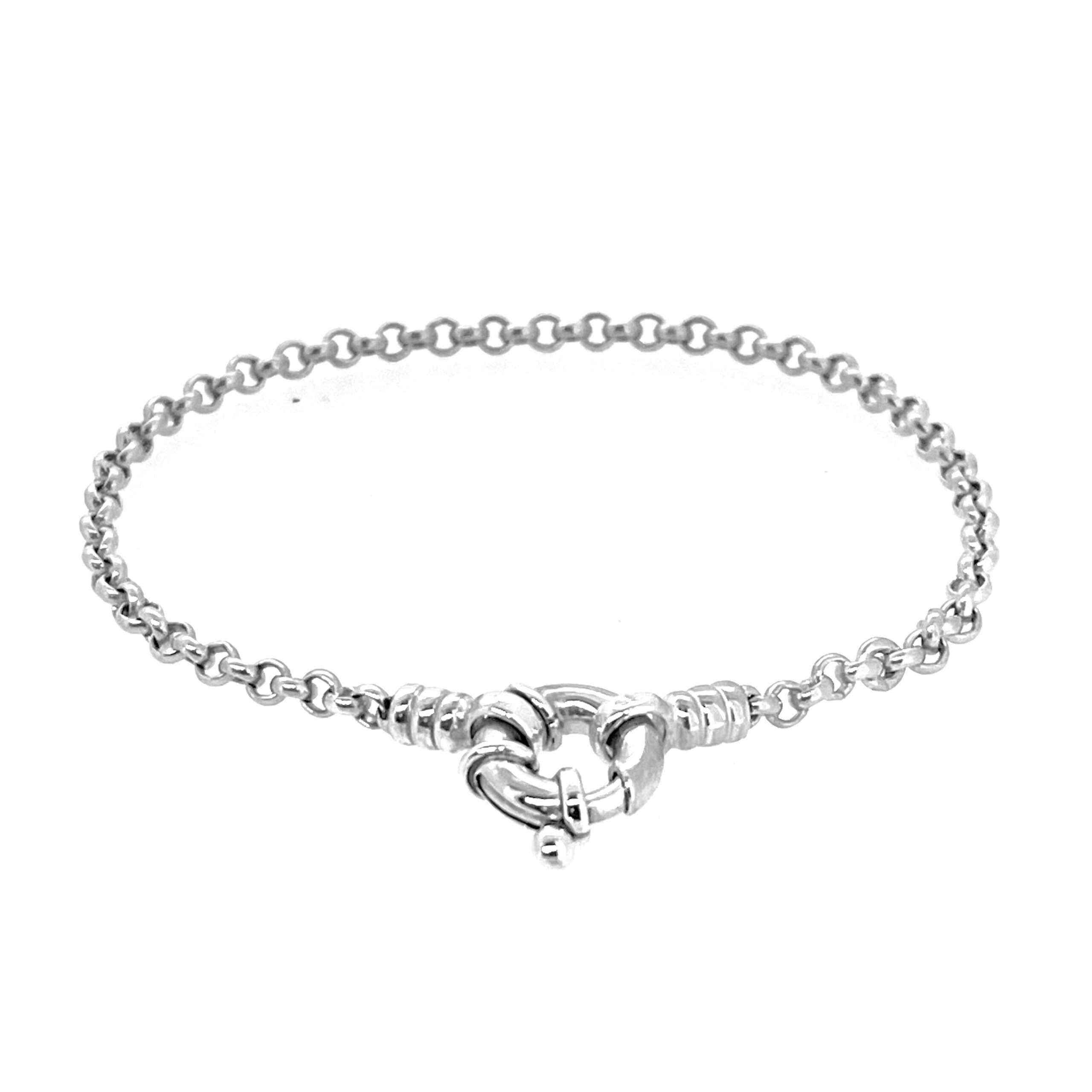 Sterling silver bracelet displayed flat to show 17 cm length and construction