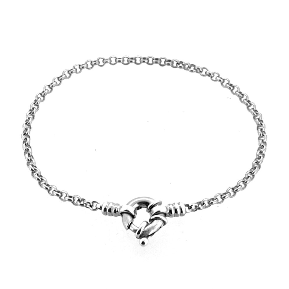 Close-up of 10 mm bolt ring clasp showing polished finish and LL hallmark