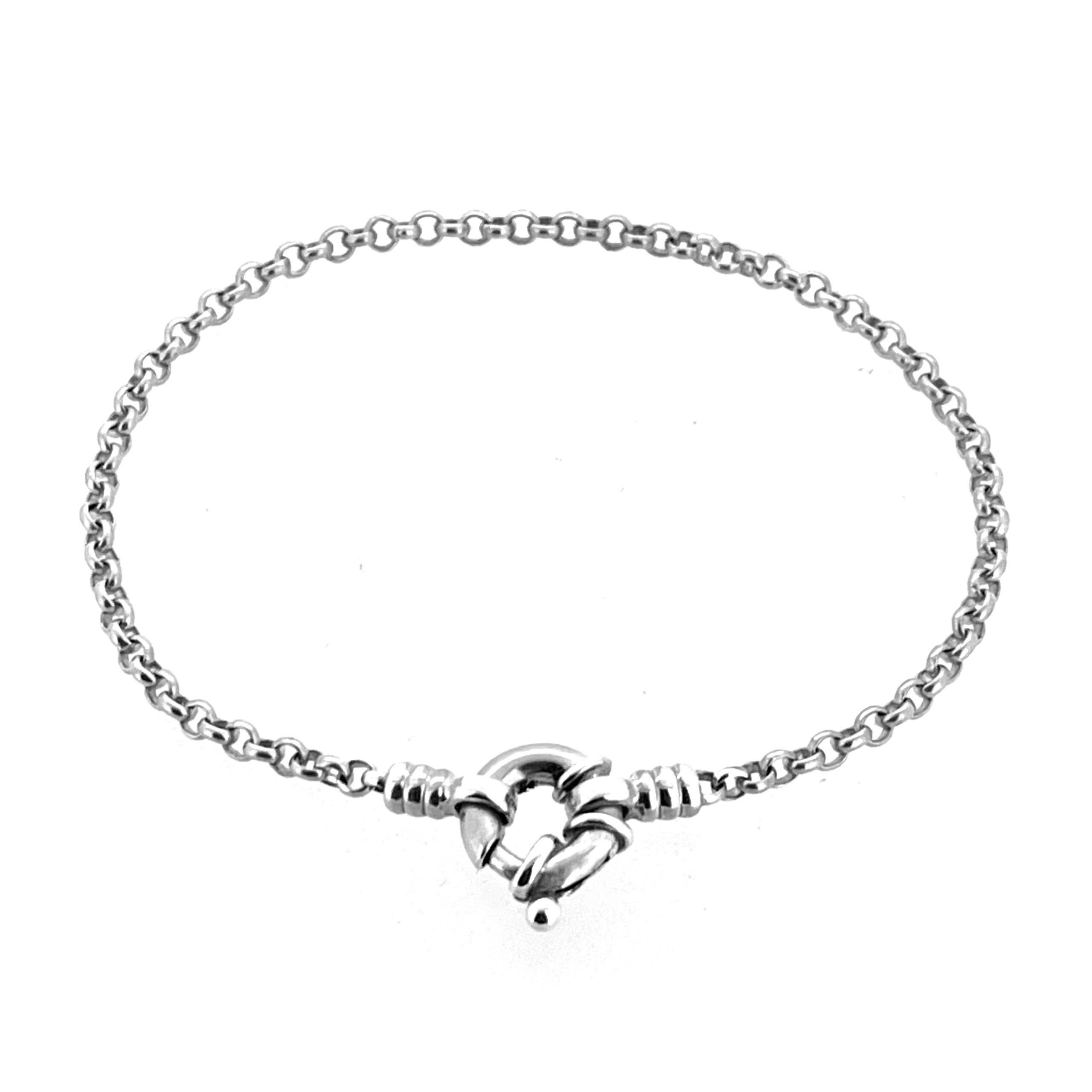 Close-up of 10 mm bolt ring clasp showing polished finish and LL hallmark