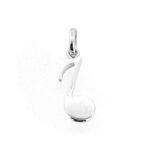 Polished silver Links of London musical note charm on white background
