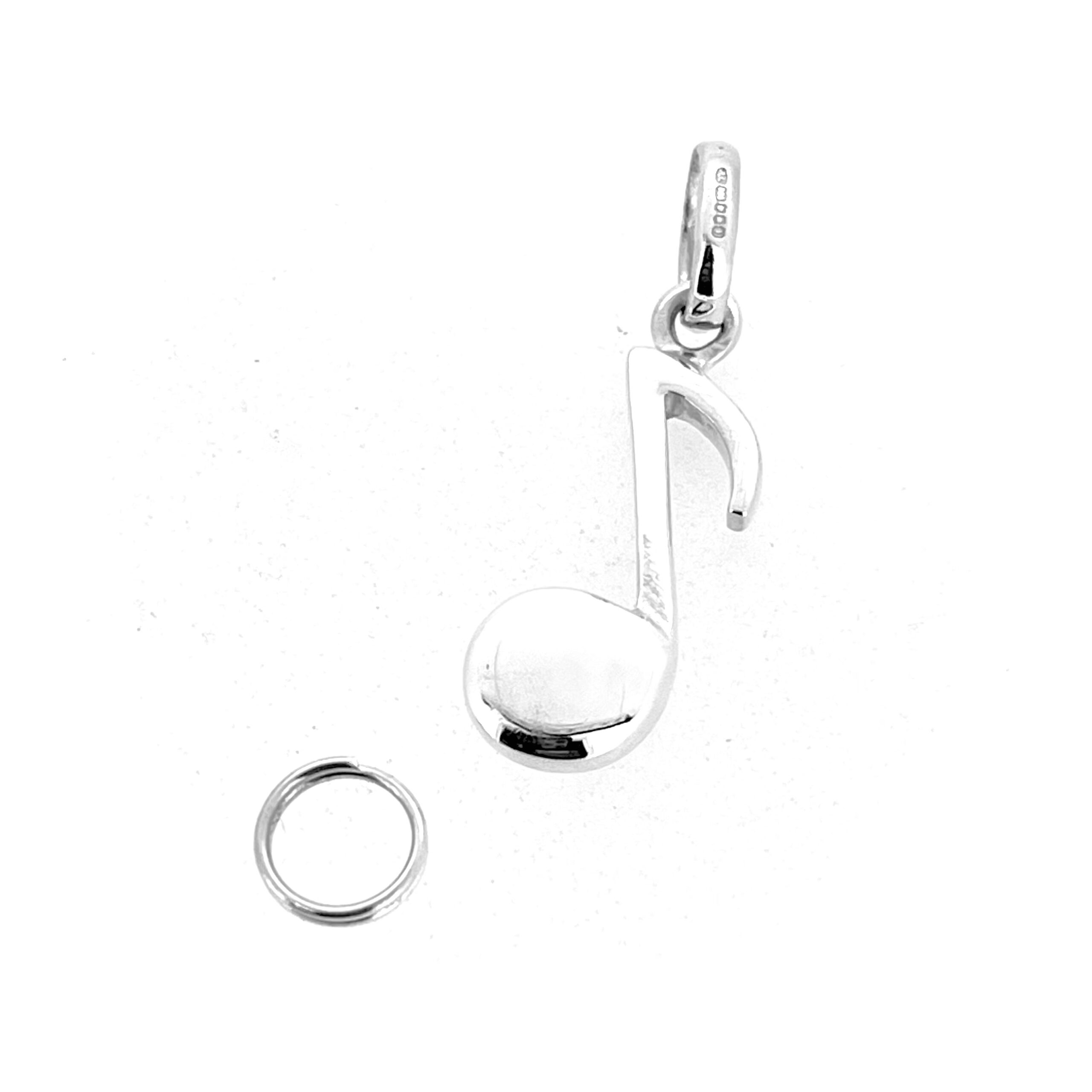 Charm representing a single eighth note in sterling silver