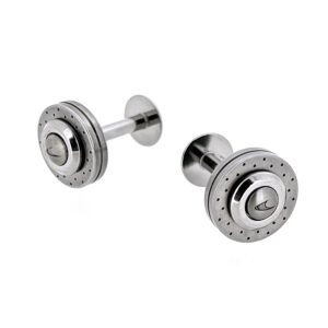 Stainless-steel and carbon-fibre double-ended cufflinks on white background