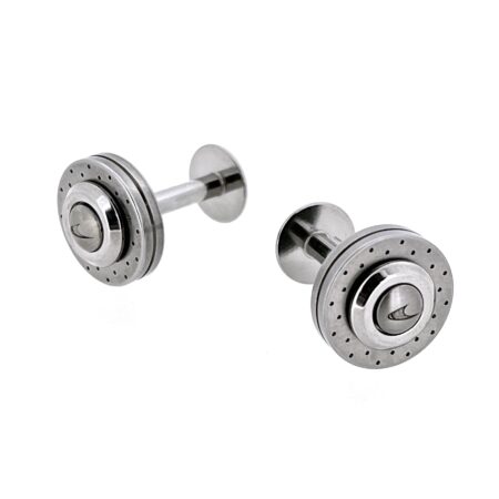 Stainless-steel and carbon-fibre double-ended cufflinks on white background