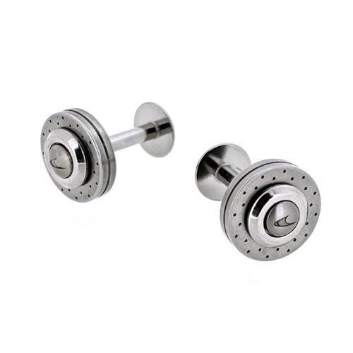 Stainless-steel and carbon-fibre double-ended cufflinks on white background
