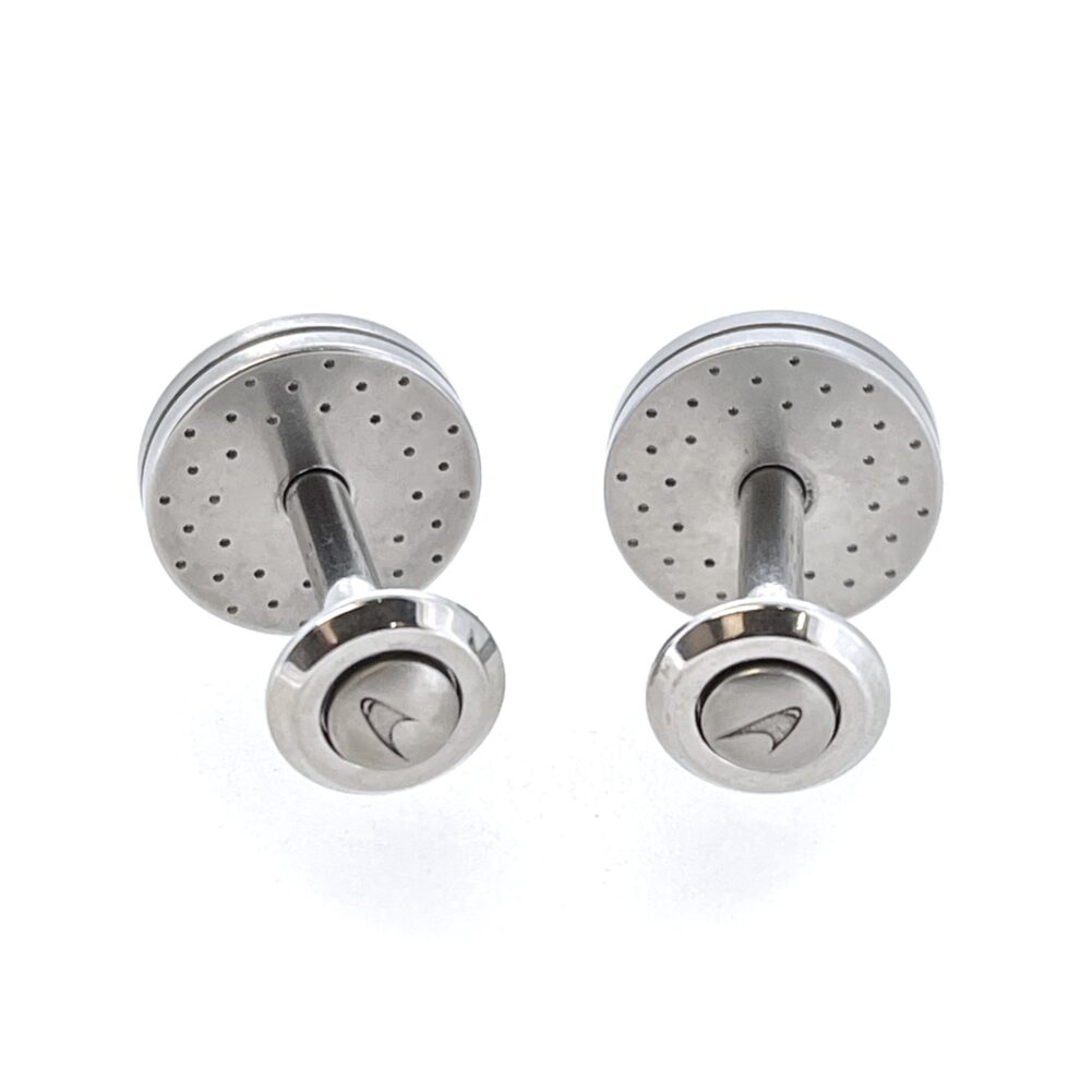 Stainless-steel McLaren cufflinks with carbon-fibre inlay and drilled brake-disc design